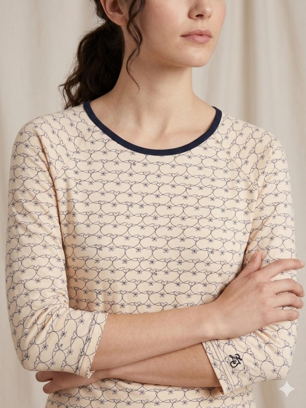 Z Spoke by Zac Posen Heart Bow Print Raglan Top Navy Peach Large Made in Peru
